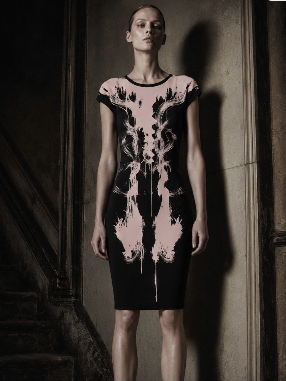 Alexander McQueen Black Stretch Midi Dress with Cream Skeletal-Inspired Print
